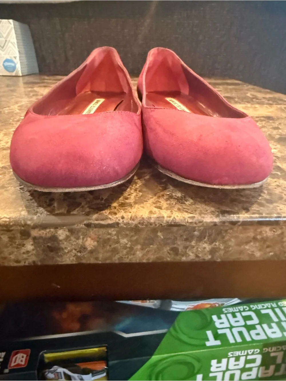 Manolo Blahnik. Burgundy Suede Tere Round-Toe Skimmer Ballet Flat. 37.5. - Picture 12 of 13
